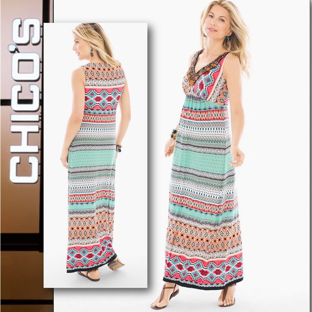 CHICO'S Multi-Print Embellished Maxi Dress - Small